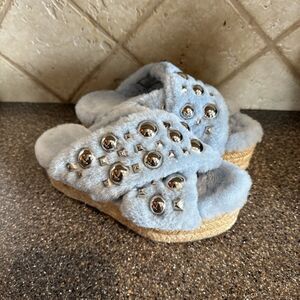 Miu Miu Shearling Light Blue Espadrilles  Criss-cross Stud Platform Sandals Sz 5